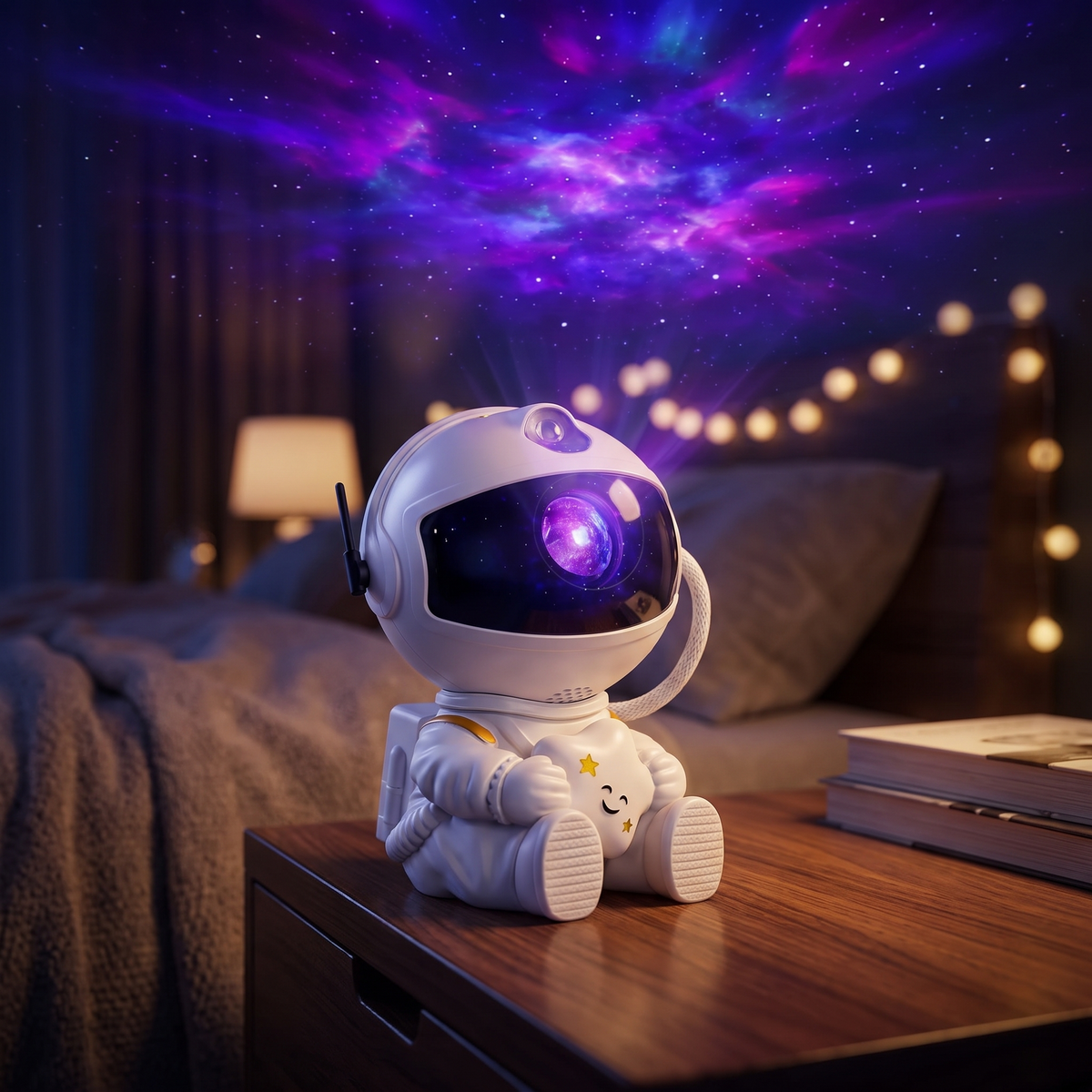 Astronaut galaxy projector creating a purple starry bedroom atmosphere